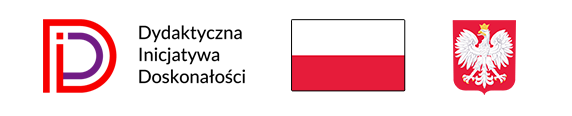 Obraz przedstawia trzy elementy - logotyp programu Dydaktyczna Inicjatywa Doskonałości, flagę oraz godło Polski